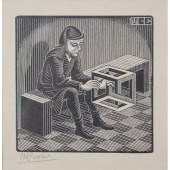 Man with Cuboid Woodcut by M.C. Escher
