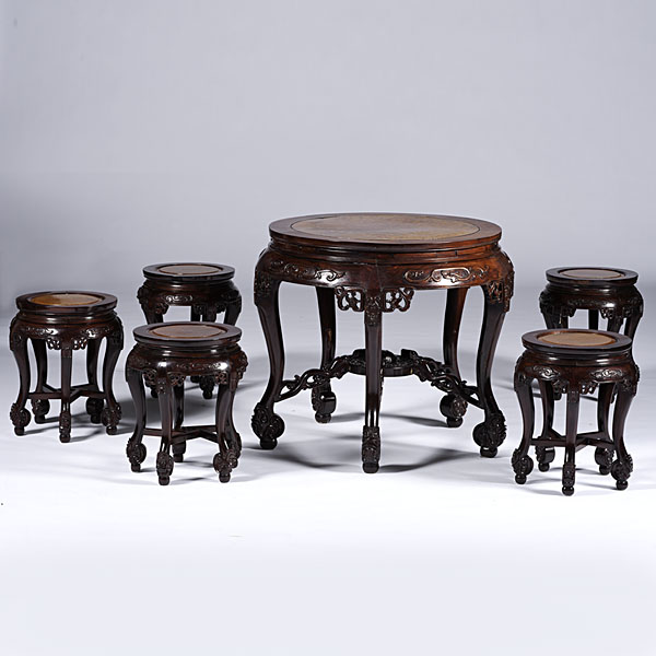 Chinese Carved Table and Stools Chinese.