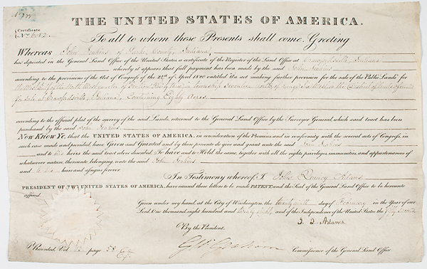 John Quincy Adams Signed Land Grant 1612f2