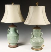 TWO SIMILAR CHINESE CELADON VASE LAMPS