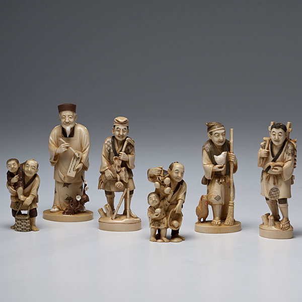 Carved and Inked Ivory Figures Japanese six