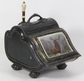 A painted tin coal scuttle set with
