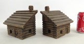 Pair folk art log cabin bookends  1644c4