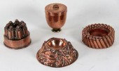 Three copper jelly moulds and an ice