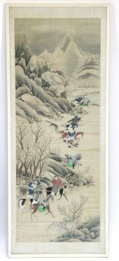 A Chinese scroll The Wolf Hunt watercolour