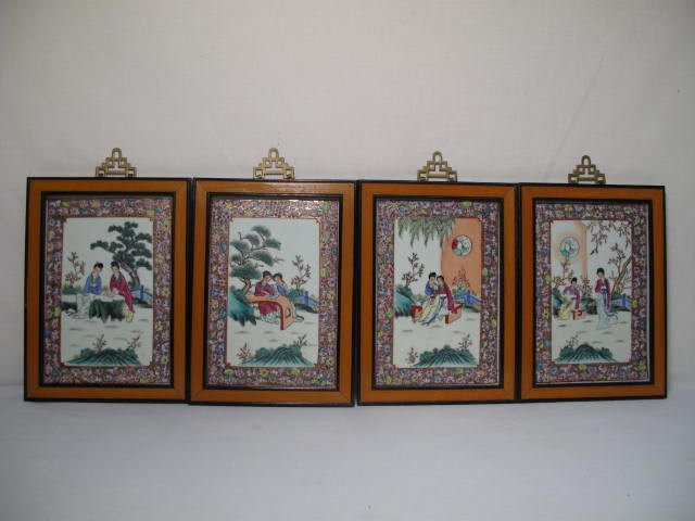 Four Chinese Famille Rose tiles. Each framed