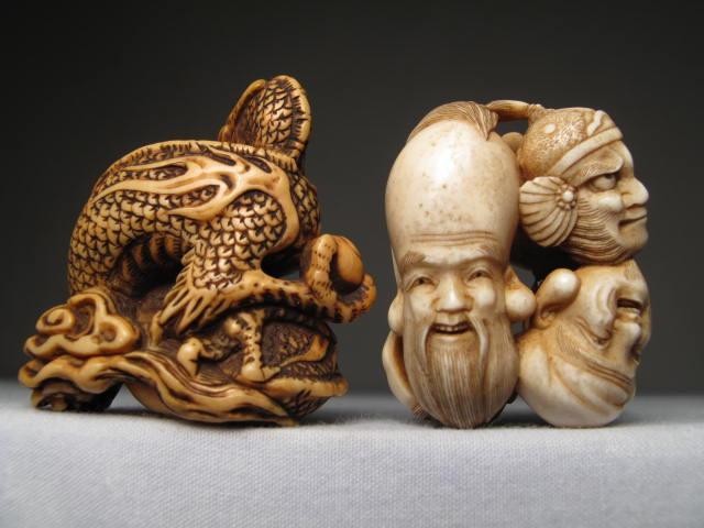 Two Chinese carved ivory netsukes. One depicting