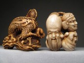 Two Chinese carved ivory netsukes. One