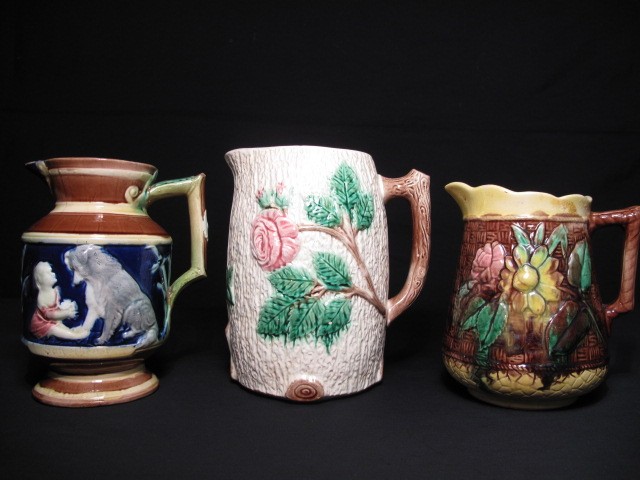 Lot of three Majolica pottery pitchers  16baae