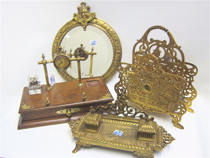 TWO INKSTANDS A LETTER HOLDER AND WALL MIRROR