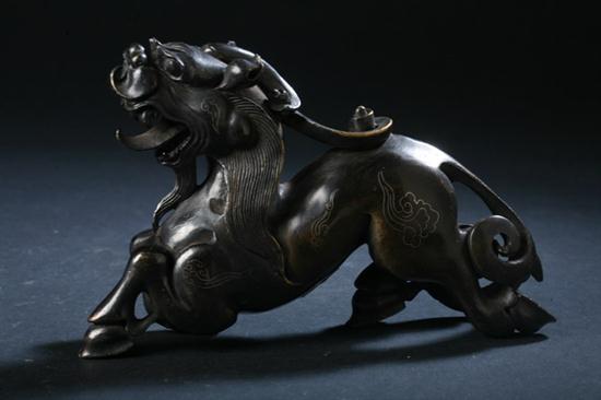 CHINESE SILVER INLAID BRONZE FIGURE