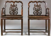 Pr. Chinese Carved Hongmu Open ArmchairsEach