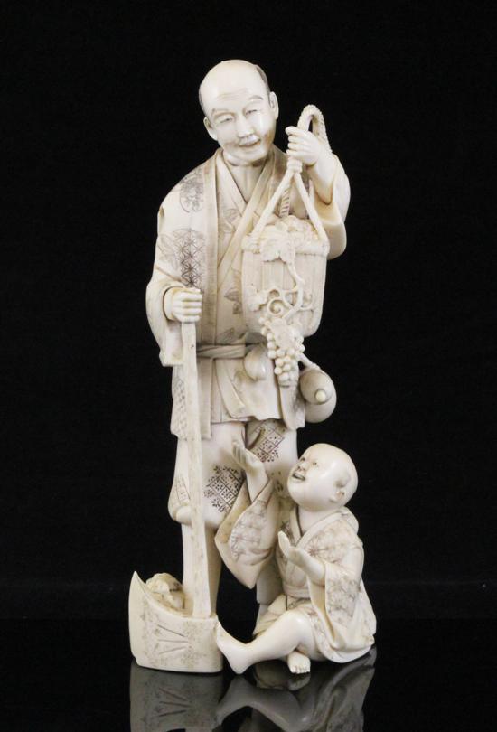 A Japanese ivory group of a farmer and a