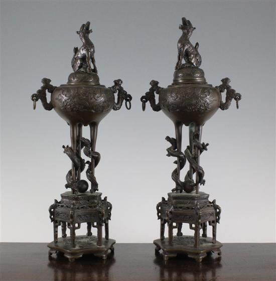 A pair of Japanese bronze tripod koros covers