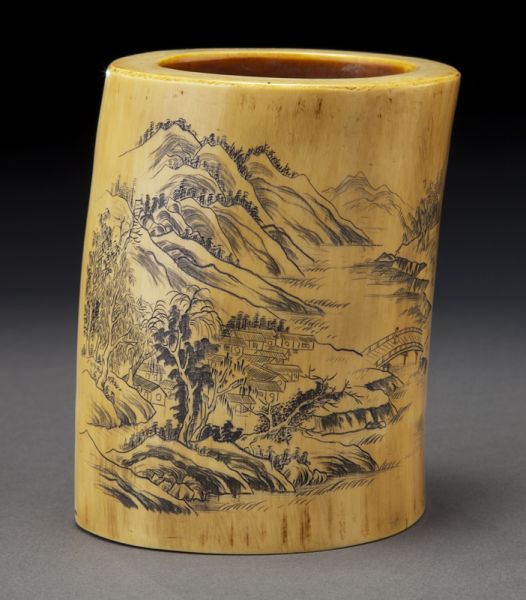 Chinese carved ivory brush pot International 1743ca