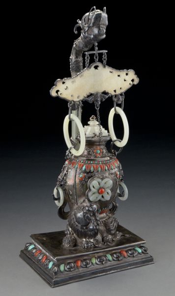 Chinese Mongolian jade inlaid silver 17448a