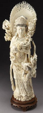 Chinese carved ivory Guanyin with two(International