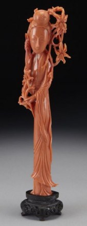 Chinese carved coral Guanyin with original