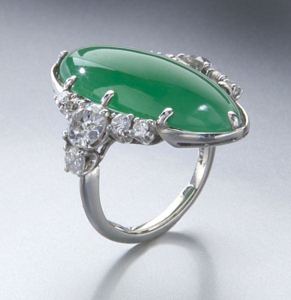 Platinum green jadeite and diamond ringfeaturing