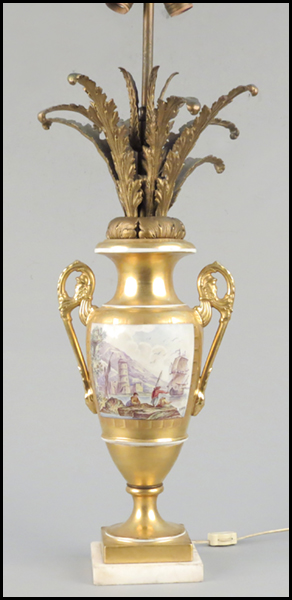 CONTINENTAL GILT AND PAINTED PORCELAIN URN.
