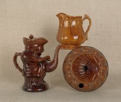 Three Rockingham glaze pottery pieces