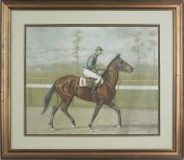 Color lithograph of a jockey on a horse