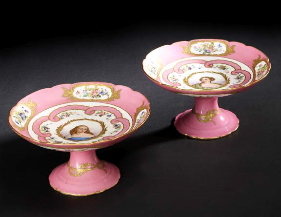 Pair of Sevres-Style Porcelain Rose Pompadour-Ground