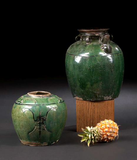 Two Southern Chinese Green-Glazed Storage