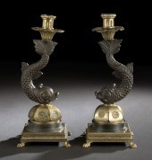 Pair of French Bronze Dolphin Candlesticks,