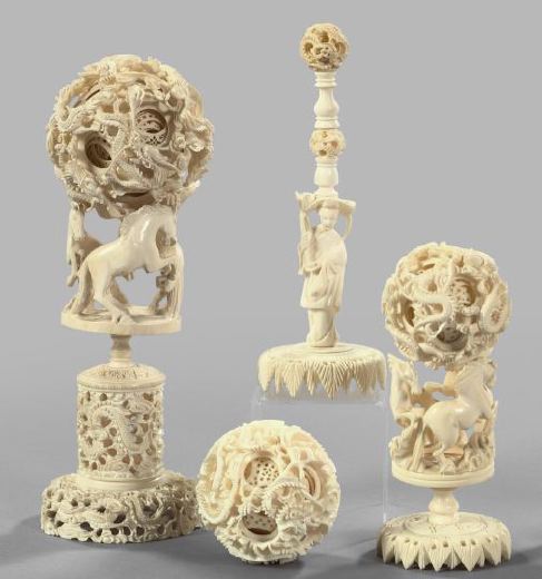 Group of Four Carved Bone Spheres  2f150