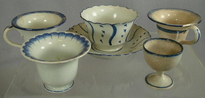 3 Leeds pearlware blue featheredge cups with