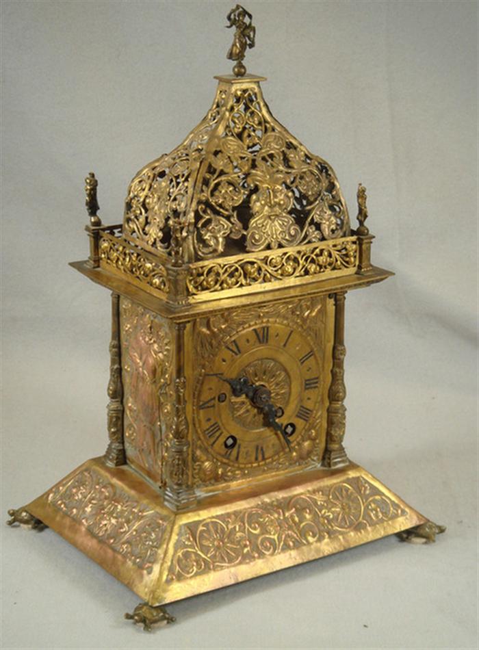 Embossed brass lantern clock, double barrel