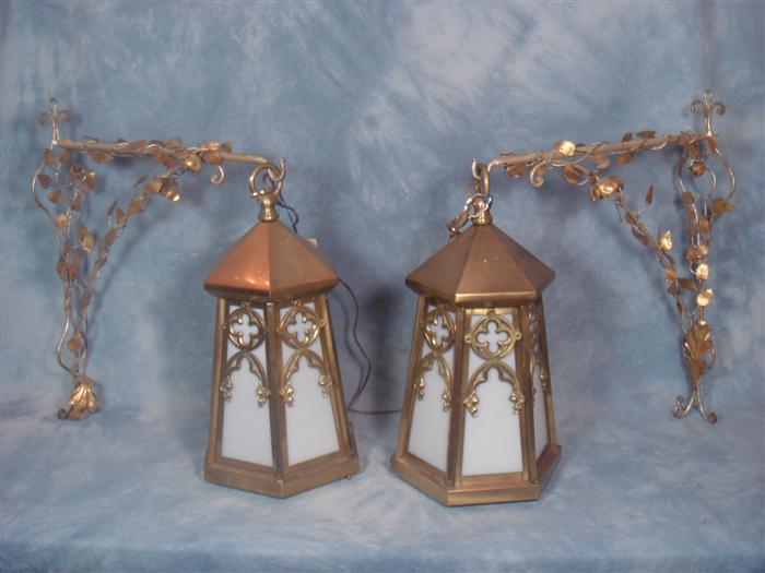 Pair of brass framed hanging lantern 3d453