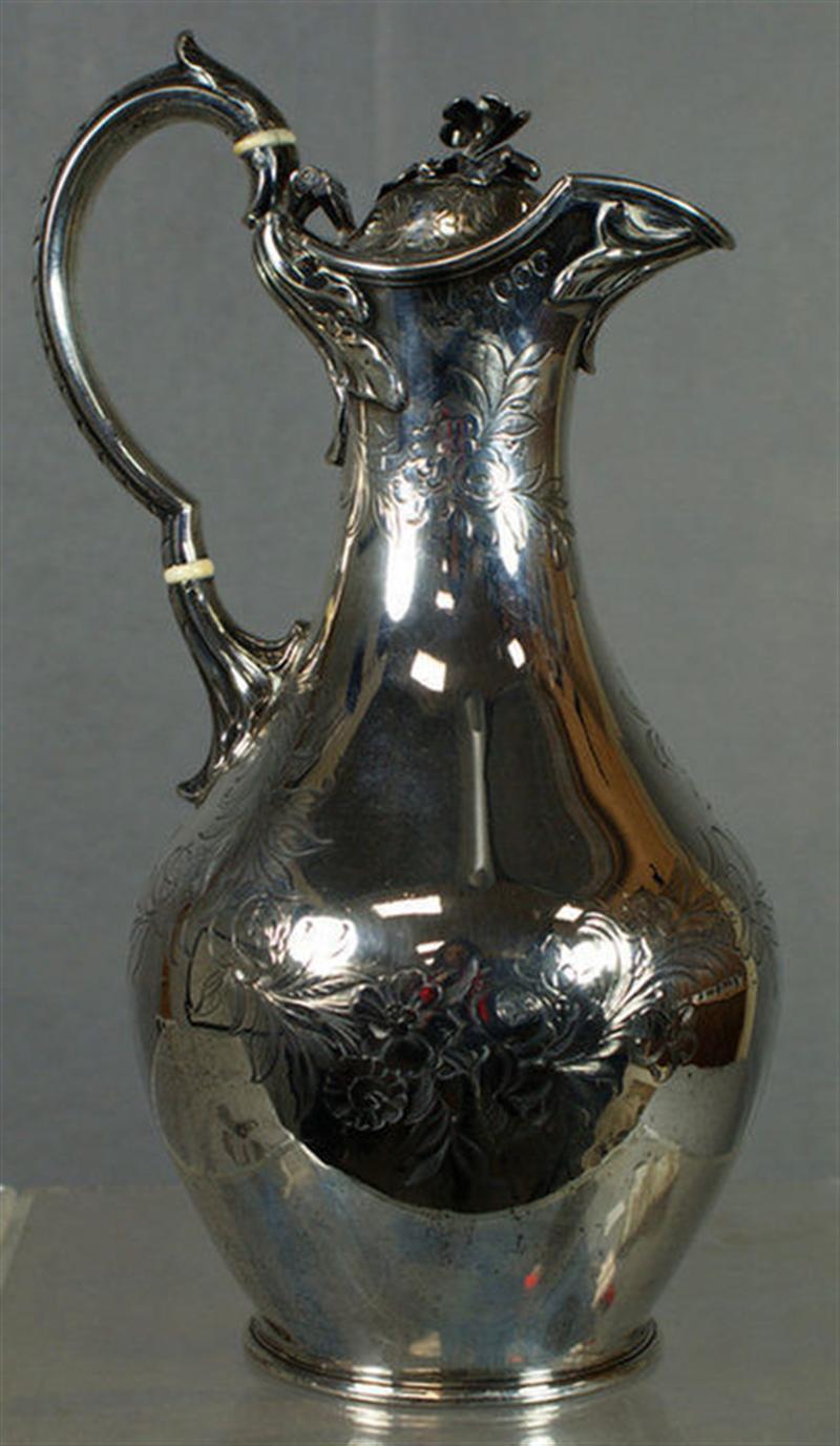 English Victorian wine ewer, engraved