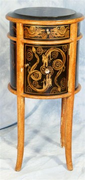 Black lacquer decorated round end table