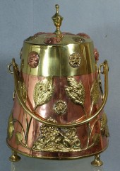 Brass and copper coal bucket with English