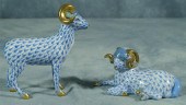 Herend fishnet figurines, two blue rams,