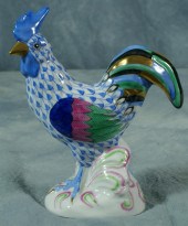 Herend fishnet figurine, blue rooster,