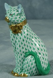 Herend fishnet figurine, green cat,