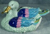 Herend fishnet figurine, two green ducks,