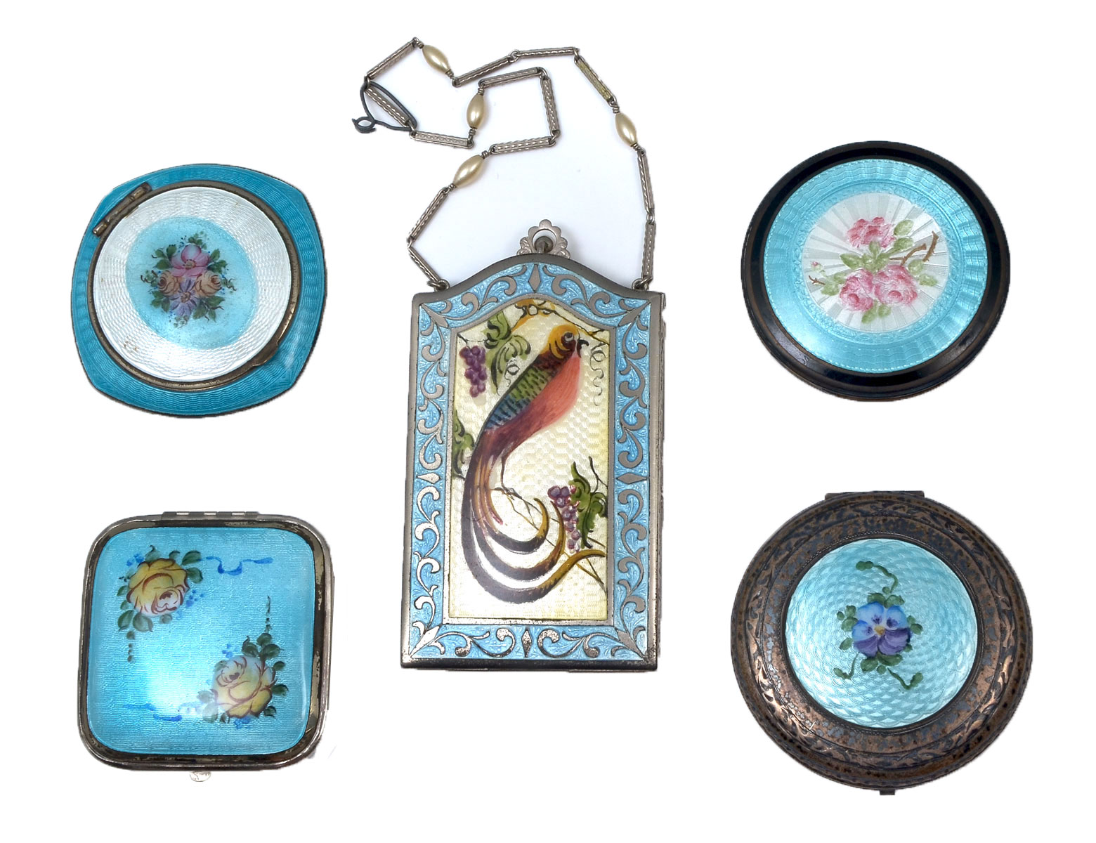 5 PIECE GUILLOCHE ENAMELED COMPACTS  274337