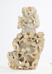 CHINESE CARVED JADE MONKEY & LOTUS COVERED