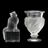 LALIQUE, CRYSTAL VASE AND CAT France,