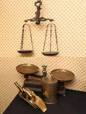 TWO ANTIQUE SCALES, FOUR BRASS SCOOPS,