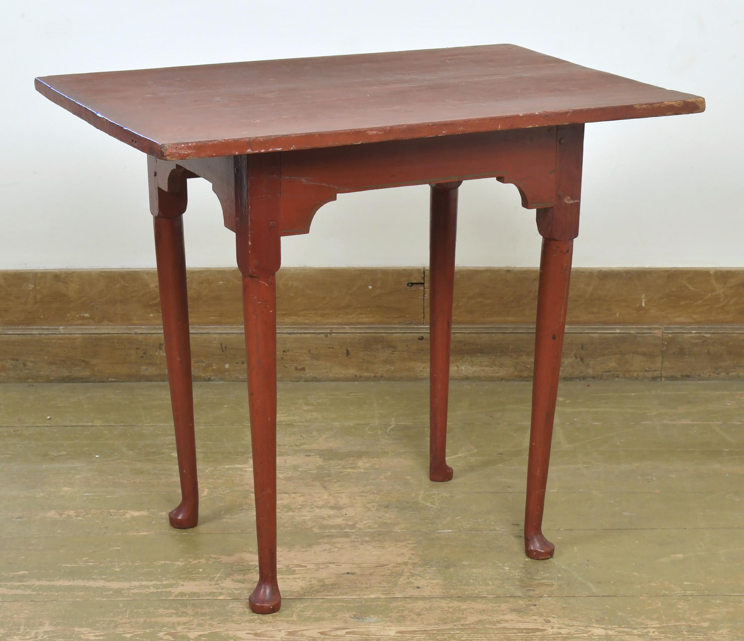 18TH C. QUEEN ANNE RED PAINTED TAVERN TABLE.
