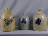 (3) BLUE DECORATED STONEWARE JUGS, 19TH