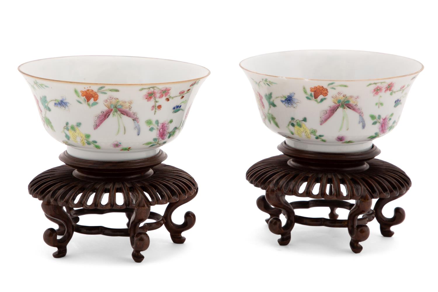 PAIR CHINESE FAMILLE ROSE BOWLS W/ STANDS