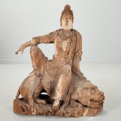 LARGE CHINESE CARVED WOOD GUANYIN ON
