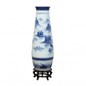 LARGE CHINESE BLUE & WHITE VASE W/ STAND