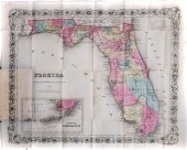 1856 MAP OF FLORIDA COLTON, HAND-COLOREDAntebellum,